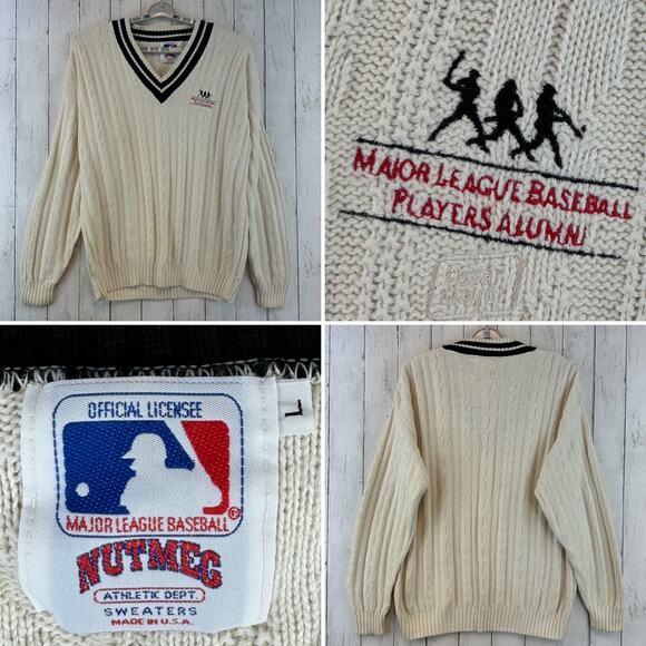 VTG Nutmeg Cable Knit Major League Baseball Players Alumni Sweater Size Large - Picture 1 of 15
